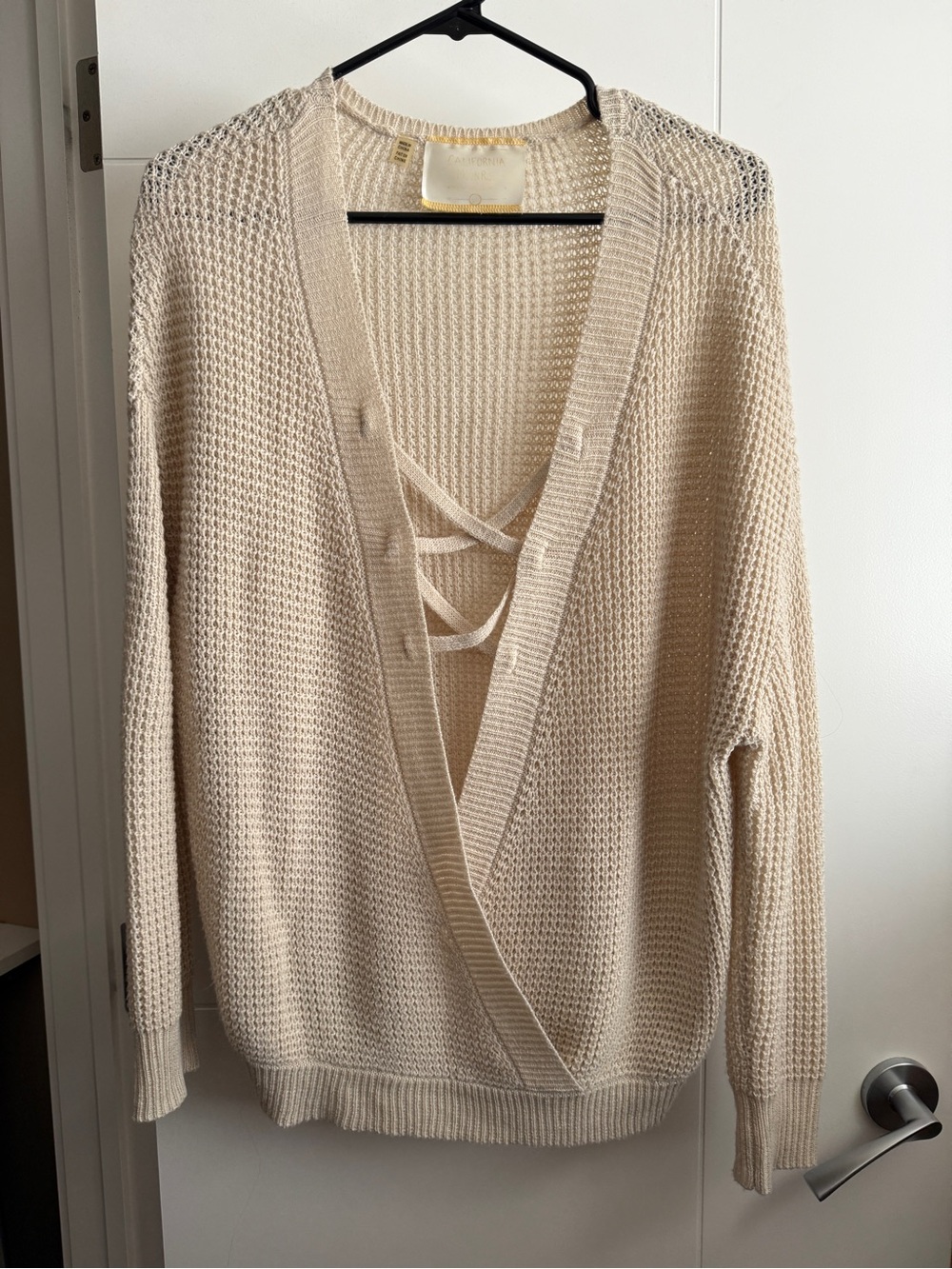 Women's Cream Knit V-Neck Sweater with Criss cross Detail